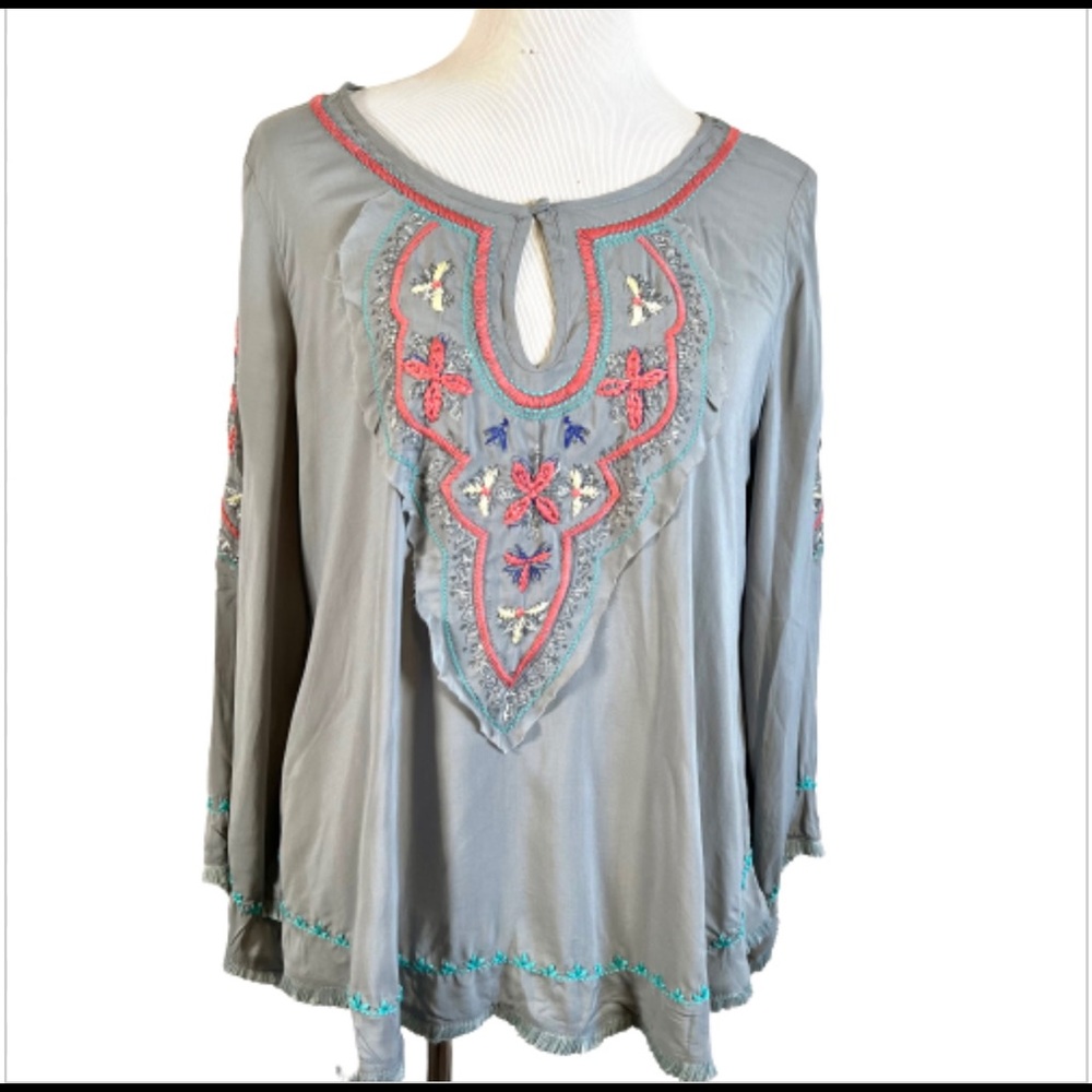 Love Stitch Grey Embroidered Top, Bell Sleeves, NWT